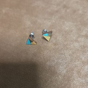 Geometric Wood Gold and Teal Triangle Stud Earrings